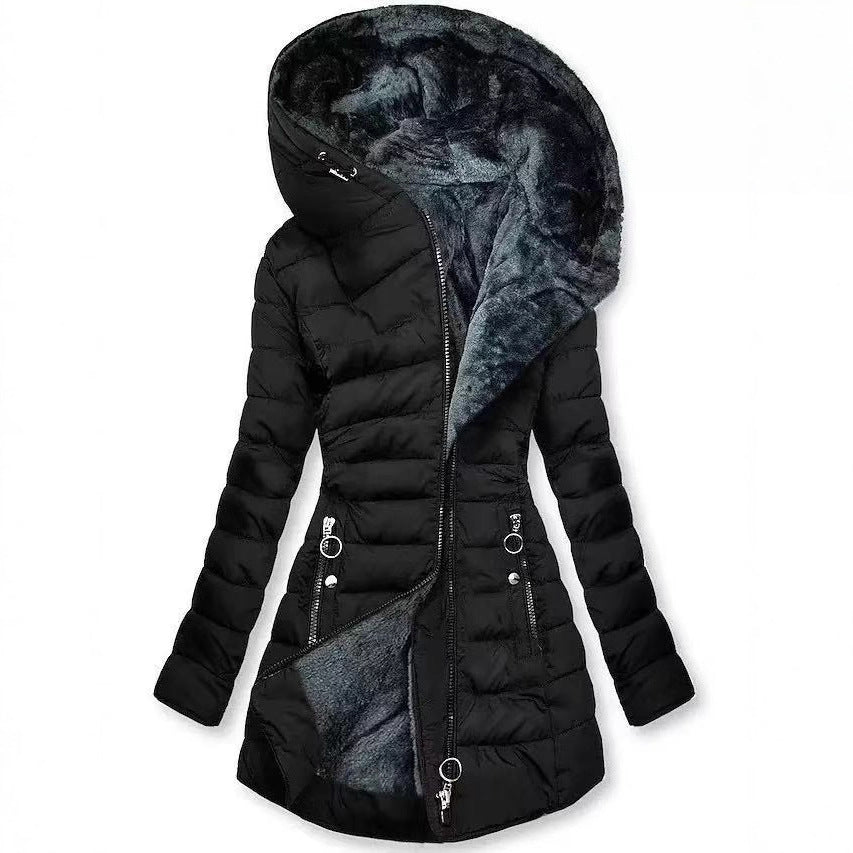 Damen Taillierter Steppmantel mit Oversize-Kapuze, kuscheligem Teddyfutter und Zierringen am Reißverschluss Shop Nory