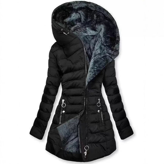 Damen Taillierter Steppmantel mit Oversize-Kapuze, kuscheligem Teddyfutter und Zierringen am Reißverschluss Shop Nory
