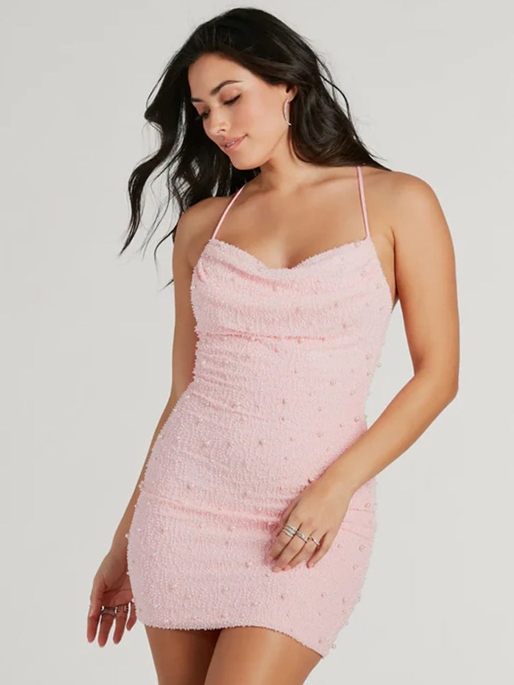 Damen Figurbetontes Minikleid mit schimmernden Perlen und Spaghettiträgern Shopnory