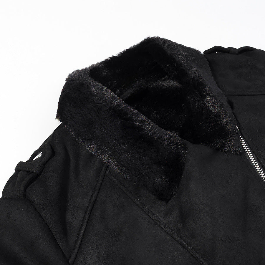 Damen Kurze Bikerjacke mit Kunstfellkragen und Wildlederoptik Shop Nory