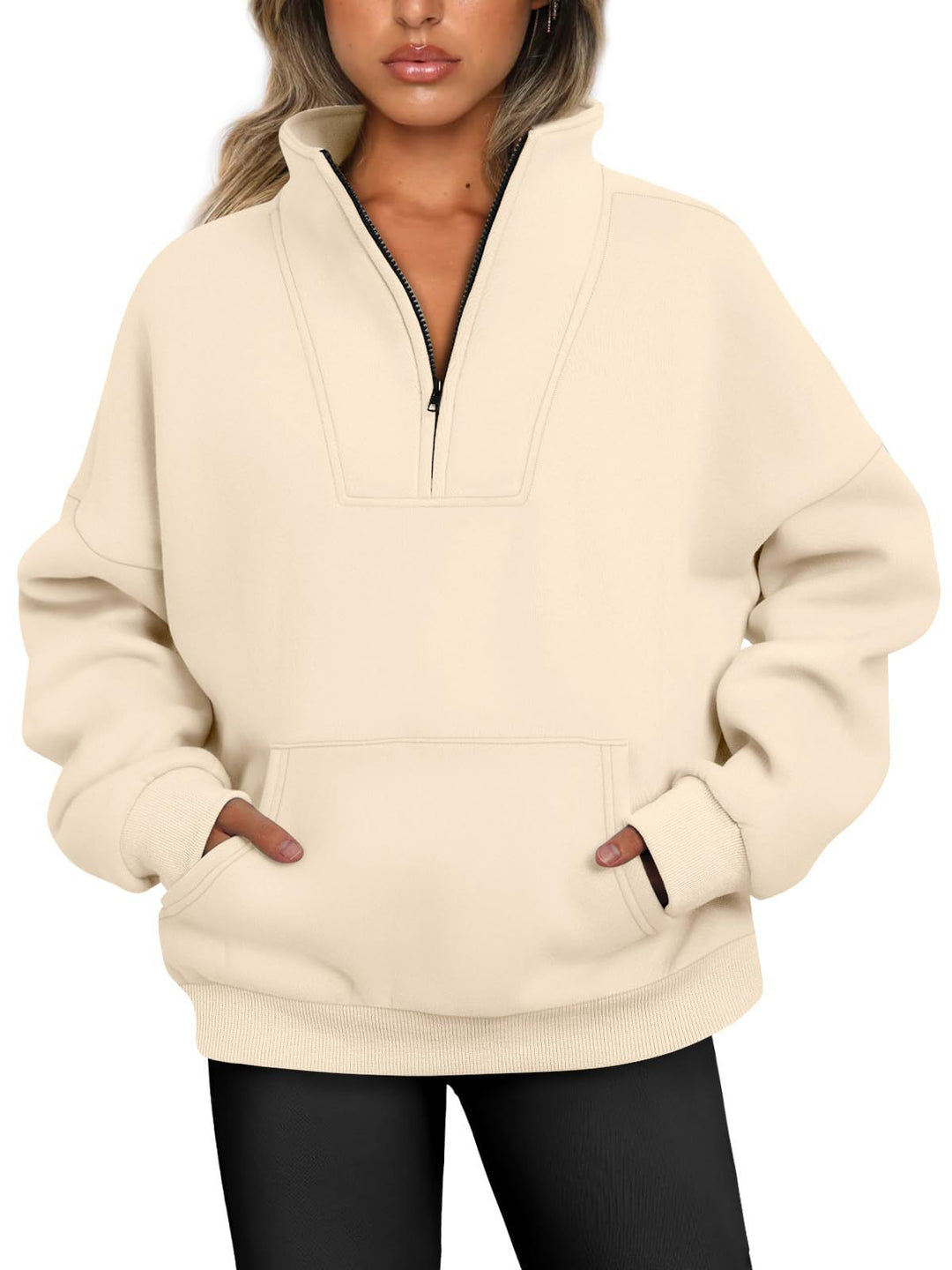 Damen nan oversized Halbzip-Hoodie mit hohem Stehkragen, Kängurutasche und gerippten Bündchen Shop Nory