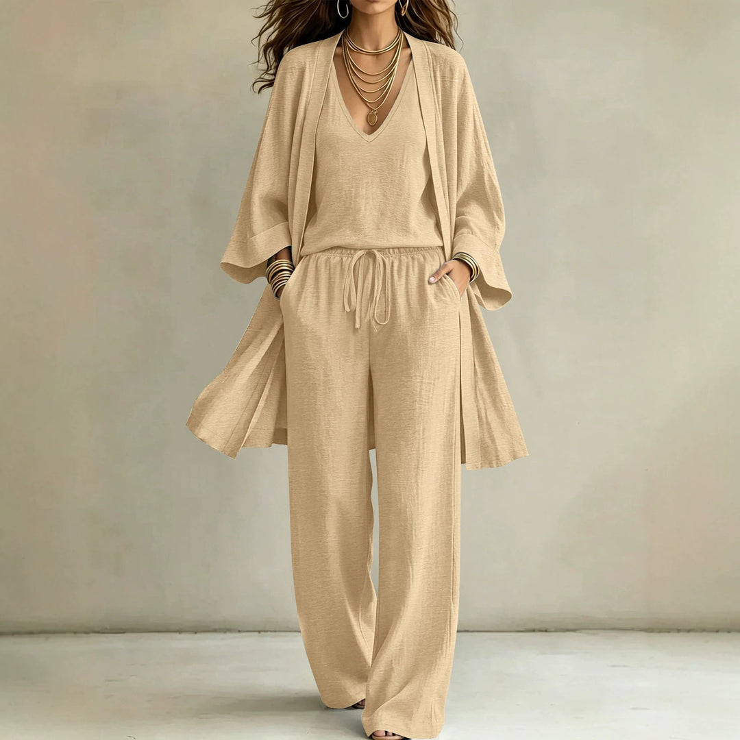 Damen Lässiges Lounge-Set mit Kimono-Cardigan, V‑Ausschnitt-Shirt und weiter Kordelhose Shop Nory