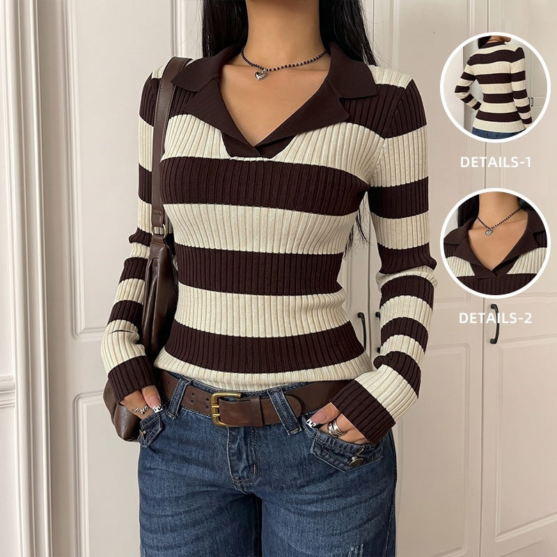 Damen Langarm Strickoberteil mit Polo-Kragen Shop Nory