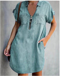 Damen Freizeit Denim-Kleid mit praktischen Taschen und Reißverschluss