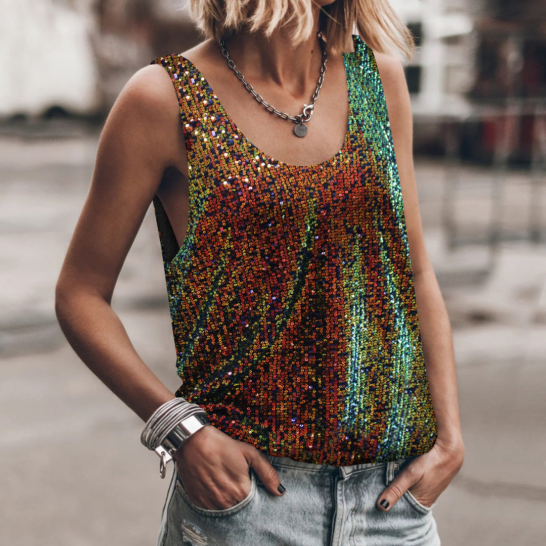 Damen Glitzerndes Top mit tiefem Rundhalsausschnitt und leichter A-Linie