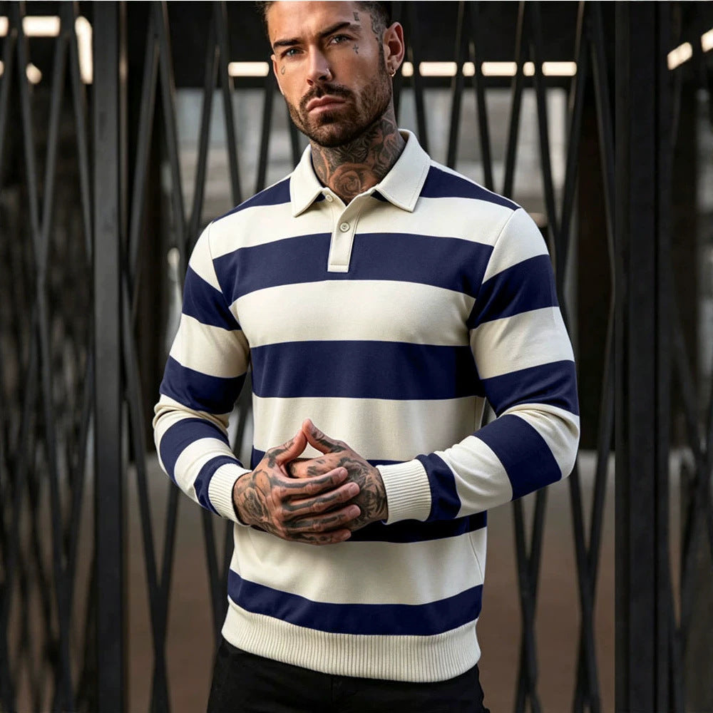 Herren gestreifter Rugby-Polo-Pullover mit Knopfleiste und Rippbündchen Shop Nory