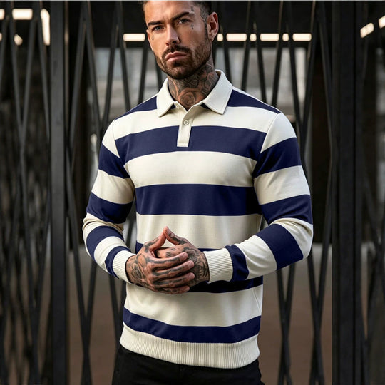 Herren gestreifter Rugby-Polo-Pullover mit Knopfleiste und Rippbündchen Shop Nory
