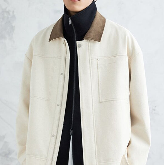 Herren Boxy-Zipjacke aus strukturiertem Baumwollmix mit Lederkragen und verdeckter Druckknopfblende Shop Nory