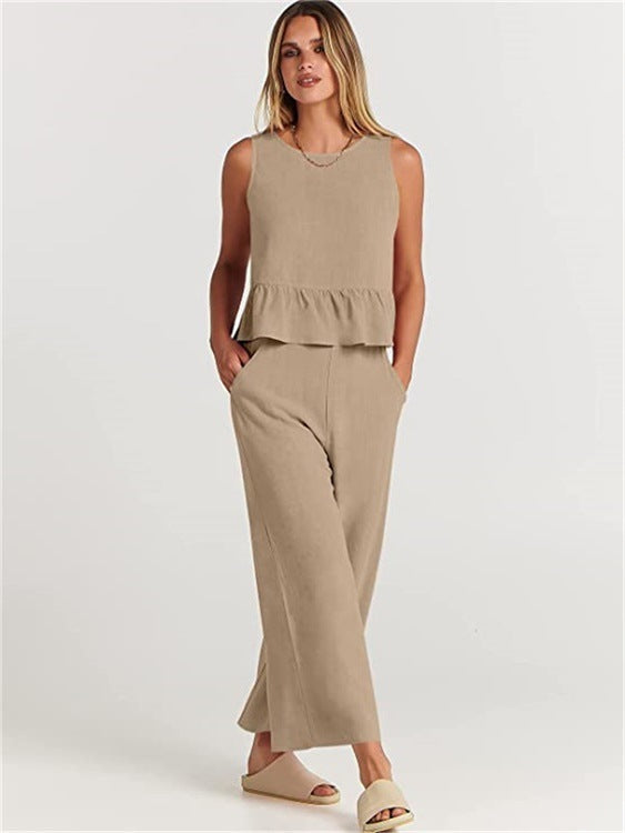 Damen luftiges Zweiteiler-Set mit schickem Peplum-Top und weitem Hose