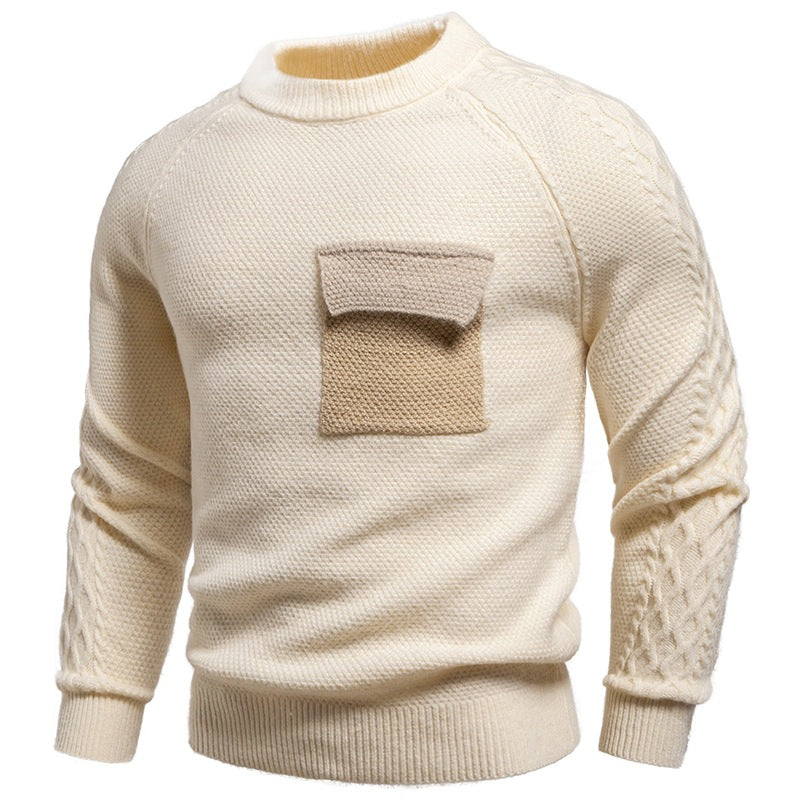 Herren Pullover aus Strukturstrick mit Rundhals, aufgesetzter Brusttasche und Zopfmuster-Ärmeln Shop Nory