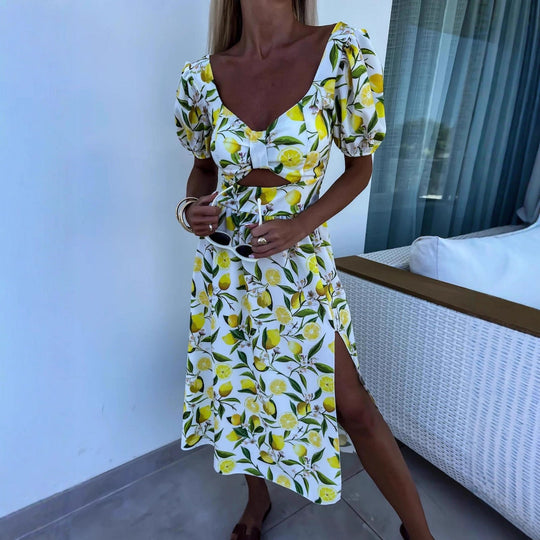 Damen Maxi Kleid mit Fruchtmotiv und Cut-Out-Details
