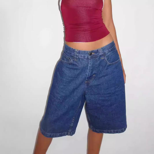 Damen lässige Denim-Shorts mit weitem Schnitt und hohen Seitentaschen