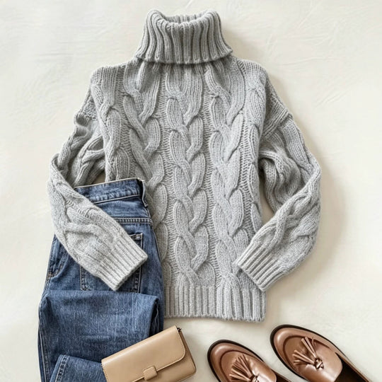 Damen Grobstrick-Rollkragenpullover mit markanten Zopfmustern und gerippten Bündchen Shop Nory