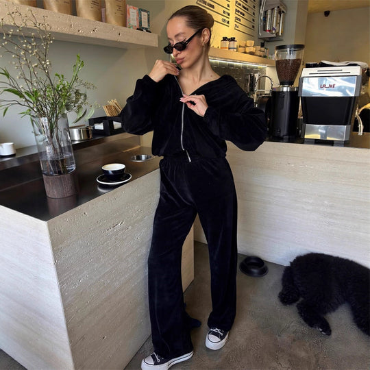 Damen Gekürztes Kapuzen-Loungewear-Set aus weichem Sweatstoff mit elastischem Bund und Relax-Fit-Hose Shop Nory