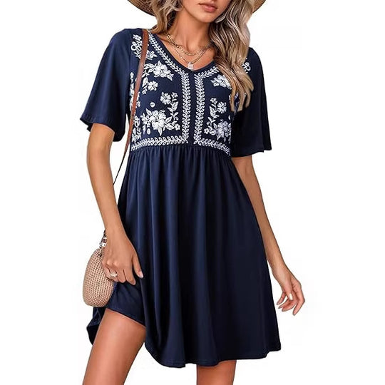 Damen Besticktes Empire-Kleid mit V-Ausschnitt, Kurzärmeln und ausgestelltem Rock Shop Nory