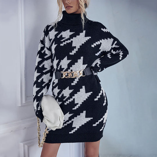 Damen Strick-Minikleid mit Hahnentritt-Jacquard, Rollkragen und taillenbetonter Gürteloptik Shop Nory