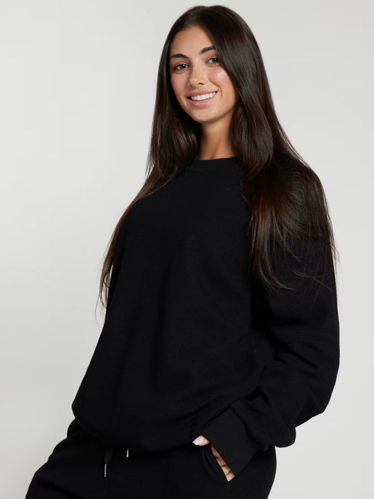 Damen geräumiges Waffelstrick-Loungewear-Set mit Rundhalsausschnitt und Tunnelzughose Shop Nory