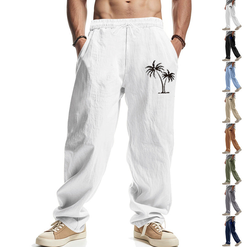 Herren Leichte Leinenoptik-Freizeithose mit elastischem Bund, Kordelzug & Palmen‑Stickerei Shop Nory
