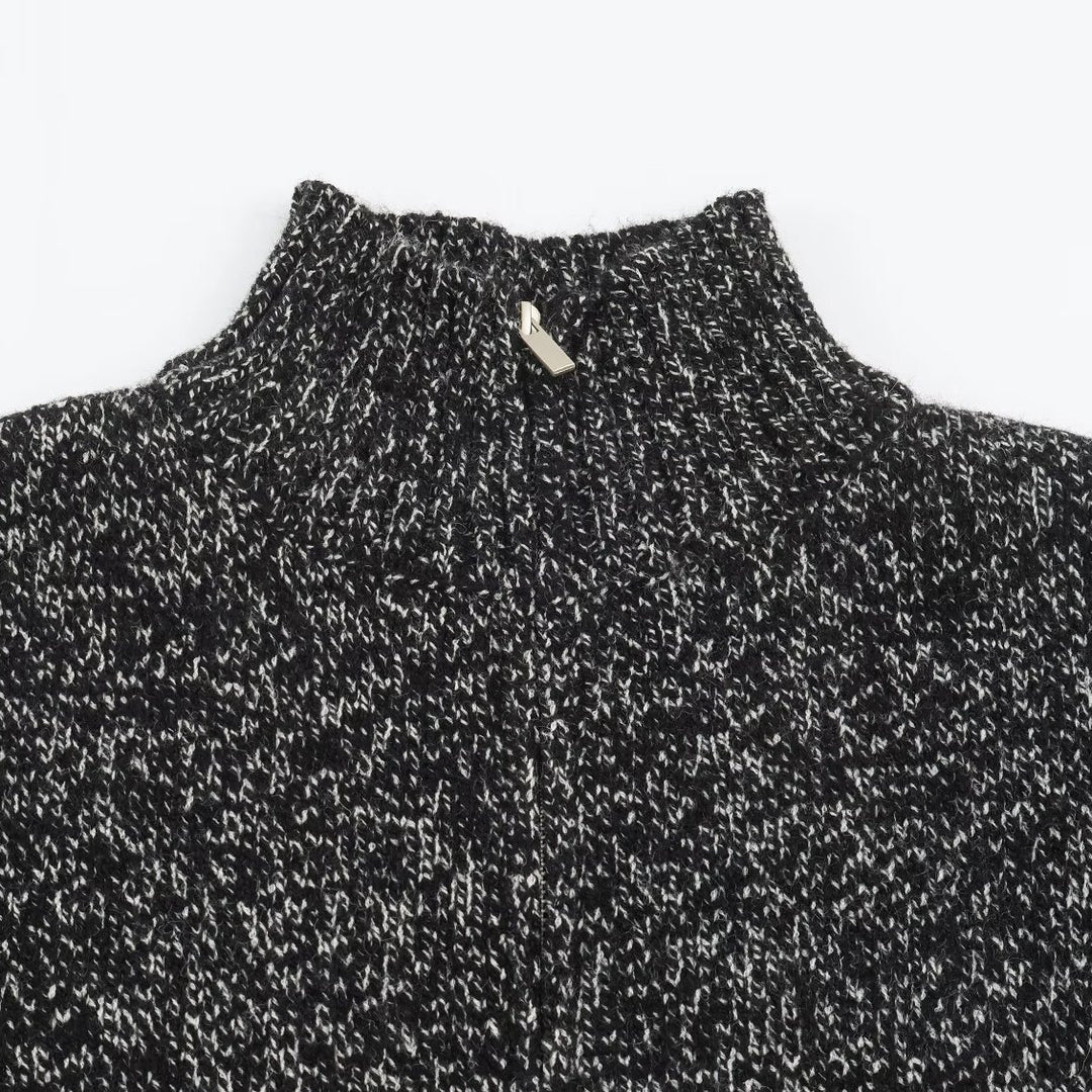 Damen Grobgestrickter Reißverschluss-Pullover mit Stehkragen und geripptem Saum Shop Nory