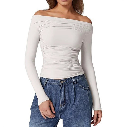 Damen Schulterfreies tailliertes Stretch-Longsleeve mit Raffung und figurbetonter Silhouette Shop Nory