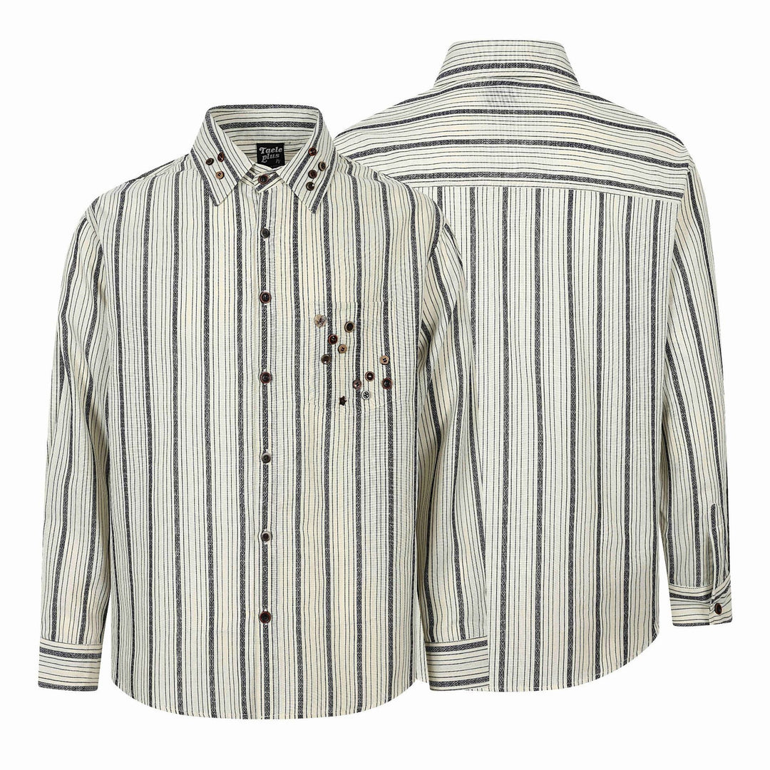 Herren Grobgewebtes Langarm‑Hemd mit vertikalem Streifenmuster, Kentkragen und dekorativen Knopfdetails Shop Nory