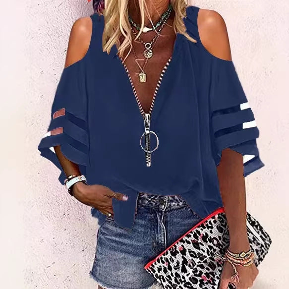 Damen V‑Ausschnitt Bluse mit dekorativem Ringreißverschluss und Cut-Out-Ärmeln Shop Nory