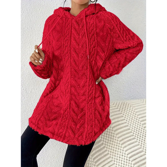 Damen Kuscheliger Teddy-Hoodie mit Zopfmuster Tunnelzug und gerundetem Saum Shop Nory