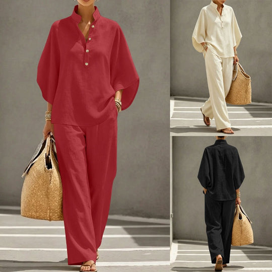 Damen Lässiges Zweiteiler‑Set mit Stehkragen‑Henleytop und weitem High‑Waist Palazzo‑Hose Shop Nory