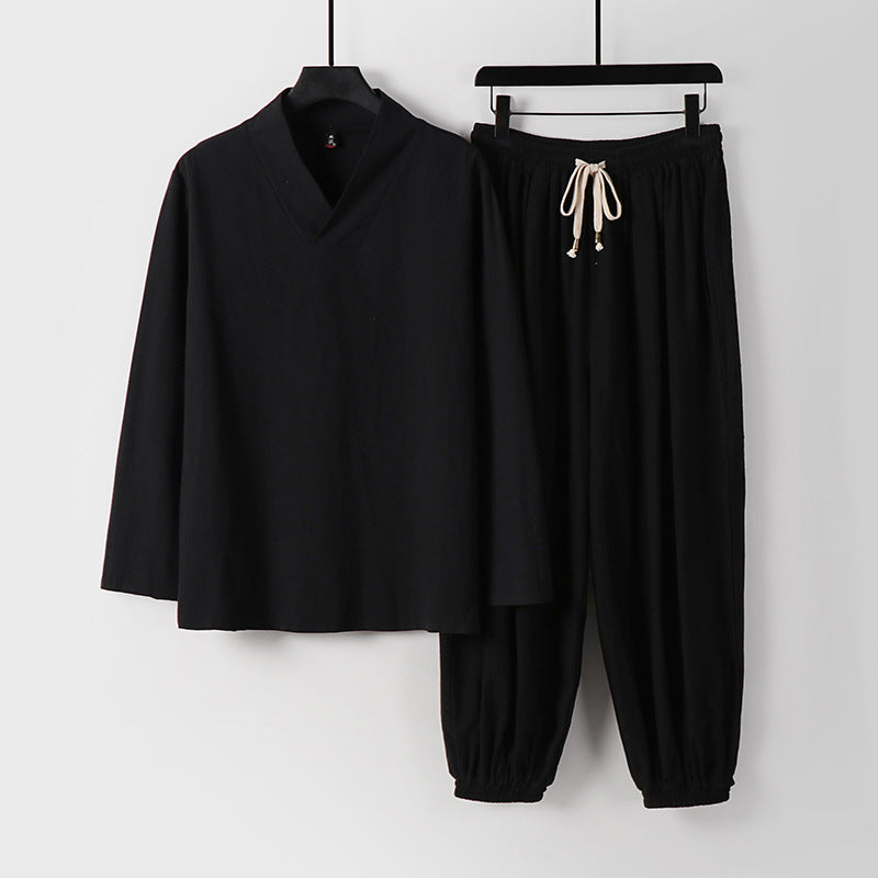 Herren Lockeres Leinen-Loungewear-Set mit V-Ausschnitt elastischem Bund und gerafften Knöcheln Shop Nory