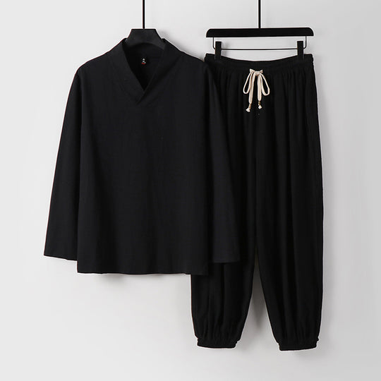 Herren Lockeres Leinen-Loungewear-Set mit V-Ausschnitt elastischem Bund und gerafften Knöcheln Shop Nory