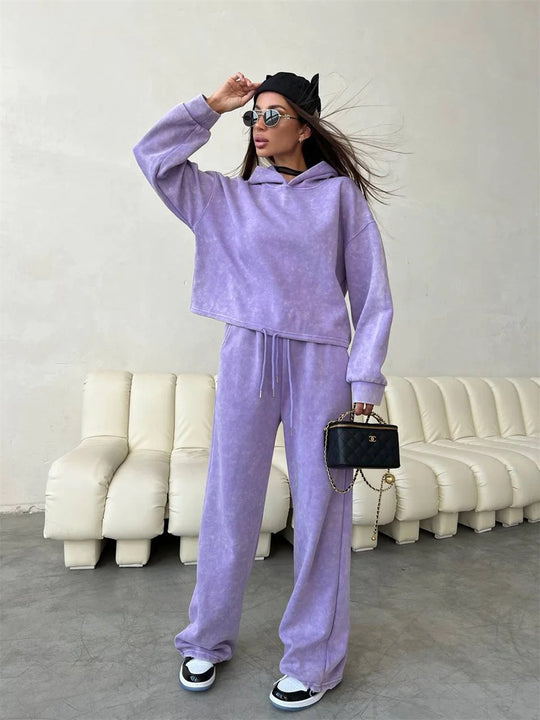 Damen kurz geschnittenes Kapuzenhoodie und hoch geschnittene Jogginghose Set Shop Nory