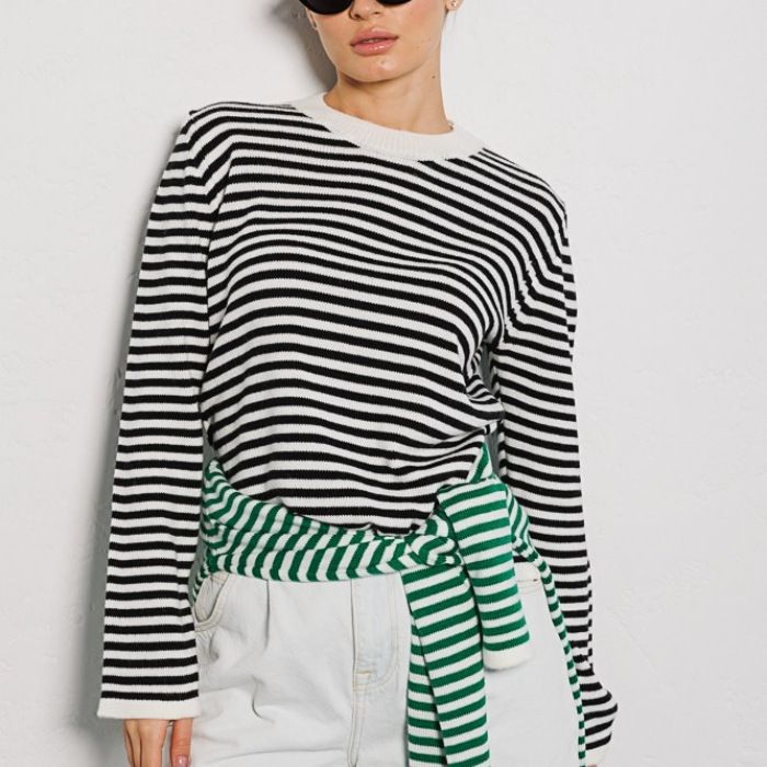 Damen gestreifter, lässiger Pullover aus hochwertigem Baumwollmix Shopnory