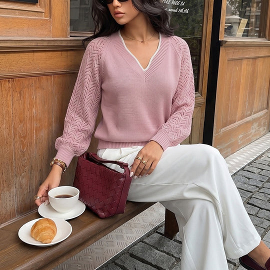 Damen V-Ausschnitt Strickpullover mit Jacquard-Muster Shop Nory
