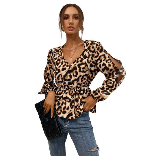 Damen Satin-Bluse mit Wickelkragen, Gummizug-Taille und Balloonärmeln Shop Nory