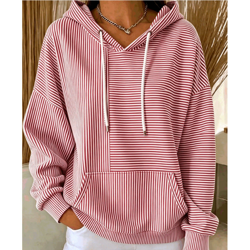 Damen Oversize Kapuzenpullover mit feinem Streifenprint, Kängurutasche und V-Ausschnitt-Kapuze Shop Nory