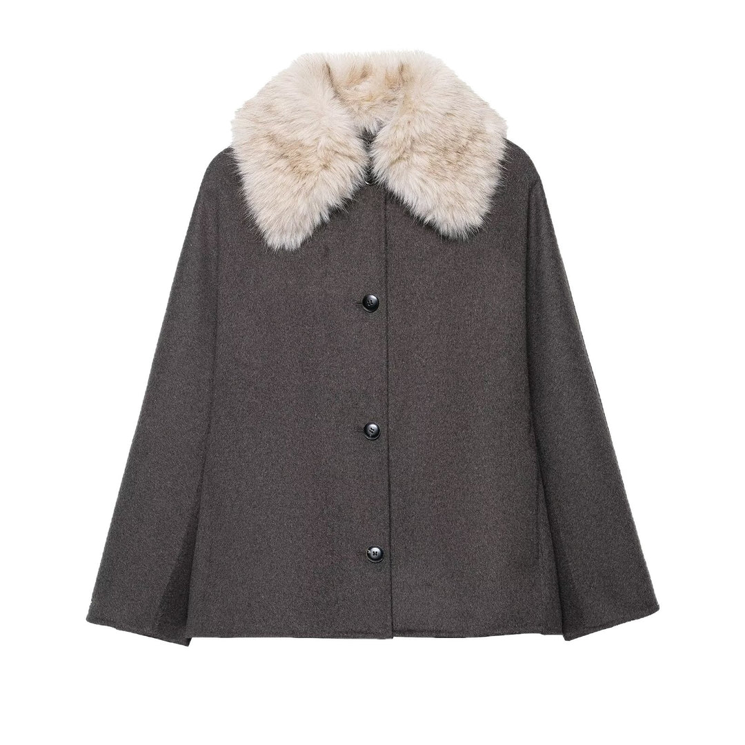 Damen Woll-Cape mit abnehmbarem Kunstfellkragen und verdeckter Knopfleiste Shop Nory