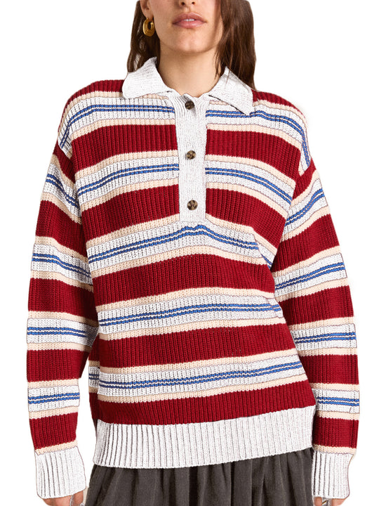 Damen Oversize Strickpullover mit Polokragen & mehrlagigem Streifenrelief Shop Nory