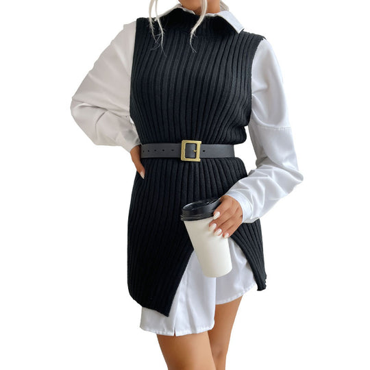 Damen Gerippte Strick‑Tunika mit Stehkragen, seitlichen Schlitzen und figurbetonter Silhouette Shop Nory