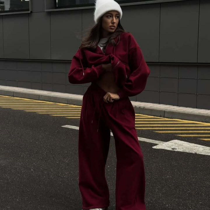 Damen oversized Kapuzenjacke mit Reißverschluss und weiten Jogginghose Lounge-Set Shop Nory