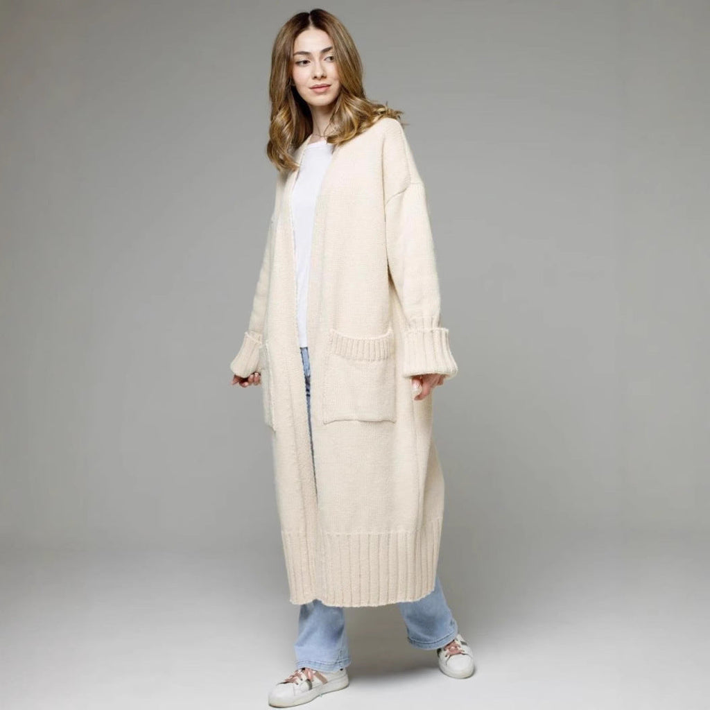 Damen bequemer langer Strickcardigan mit Taschen und breiten Ärmeln