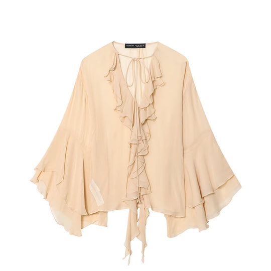 Damen Fließende Chiffon-Rüschentunika mit Volantärmeln und Bindeband Shop Nory