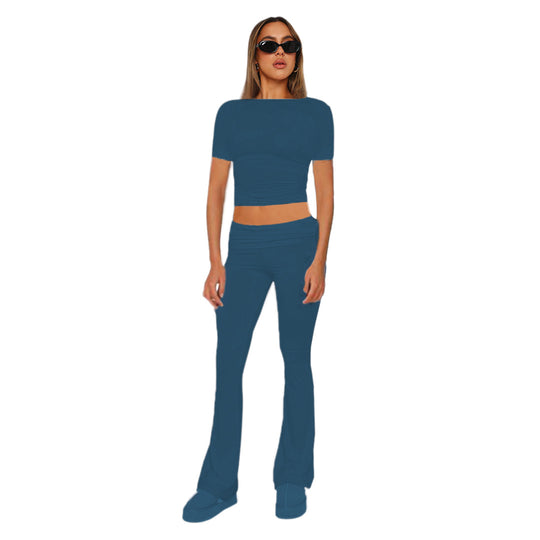 Figurbetonendes Damen-Crop-Set aus Stretch-Jersey mit hoch taillierten, ausgestellt Hosen Shop Nory