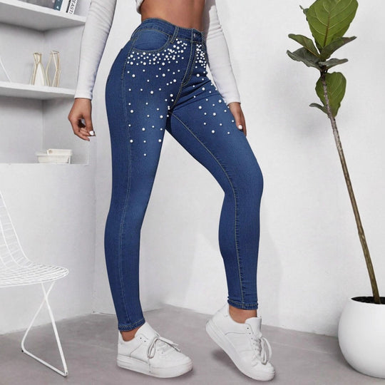 Damen Taillenhohe figurformende Skinny-Jeans mit Perlenbesatz Shop Nory