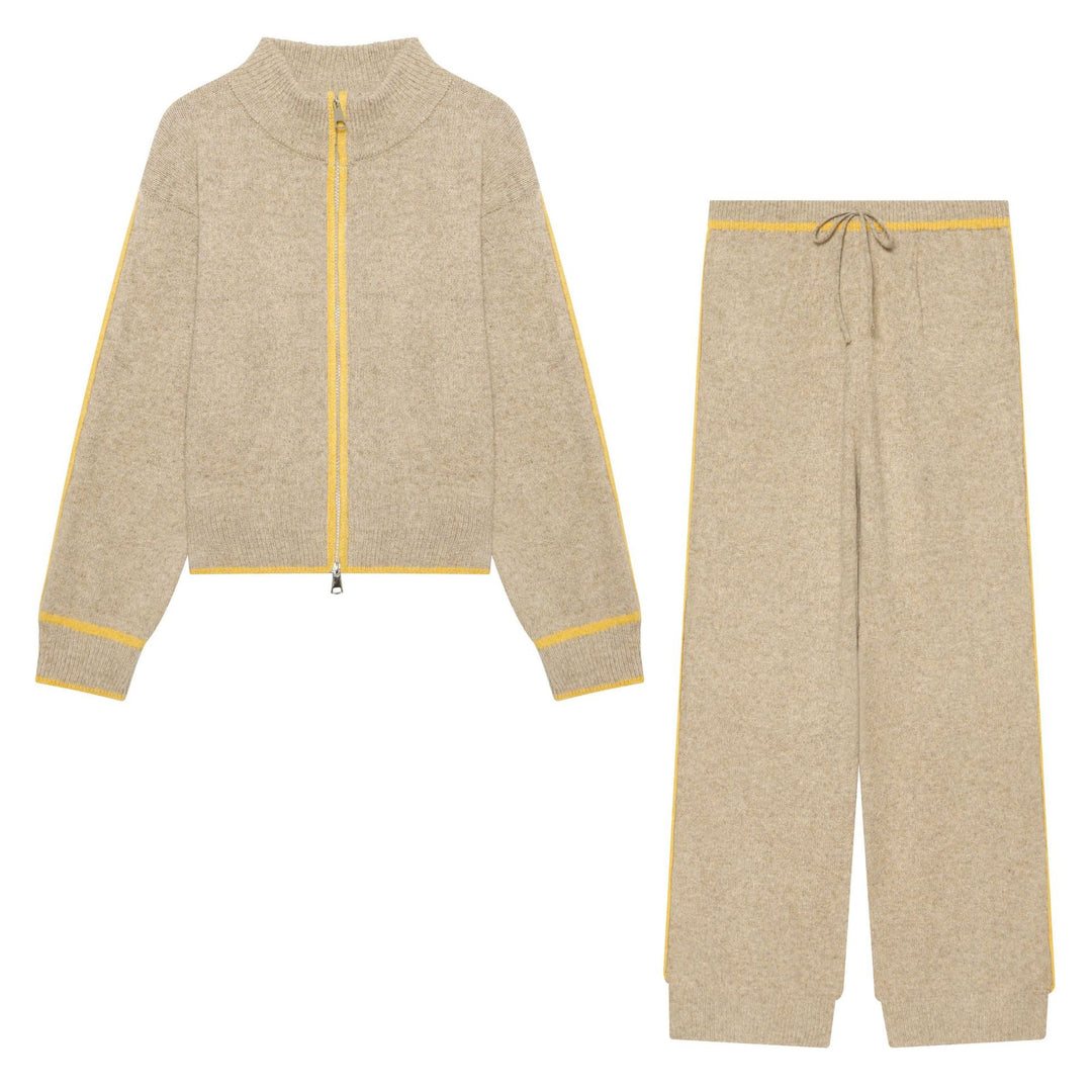 Damen Kuschel-Strickset mit Reißverschluss-Cardigan, Stehkragen und weiter Strickhose Shop Nory