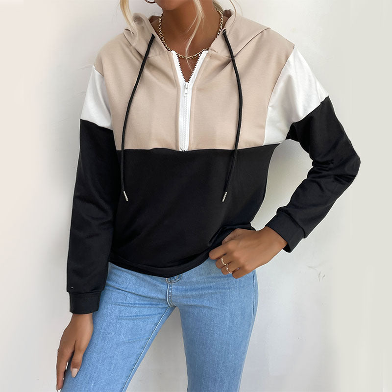 Damen Kapuzenpullover mit halbem Reißverschluss, Colorblock‑Design und Tunnelzug Shop Nory