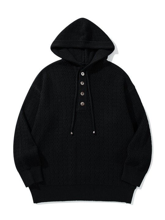 Unisex Strukturierter Kapuzen‑Strickpullover mit Henley‑Knopfleiste Shop Nory