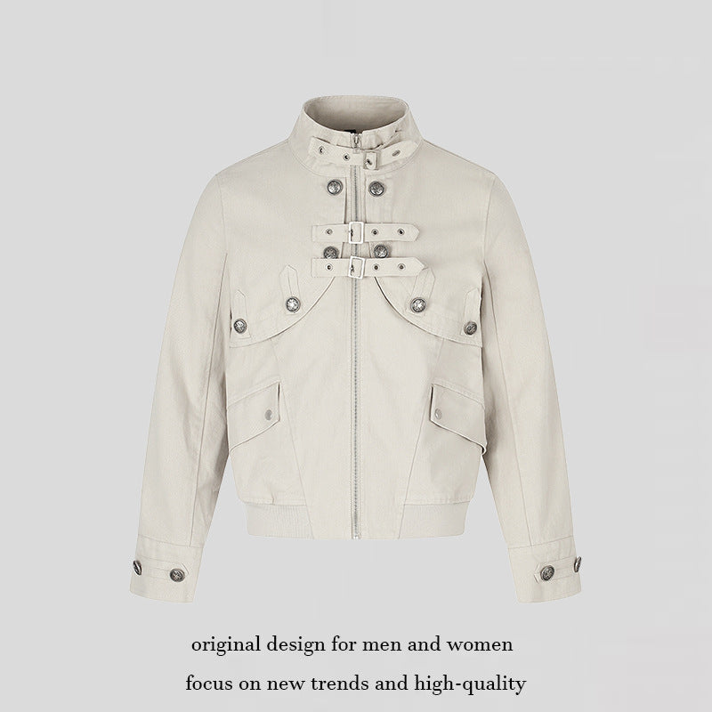 Damen Kurz geschnittene taillierte Bomberjacke mit Stehkragen, Zierschnallen und Pattentaschen Shop Nory