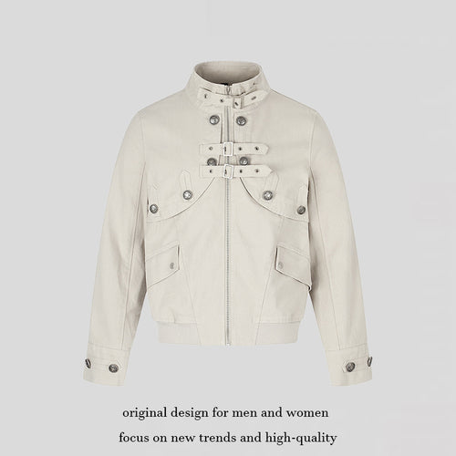 Damen Kurz geschnittene taillierte Bomberjacke mit Stehkragen, Zierschnallen und Pattentaschen Shop Nory