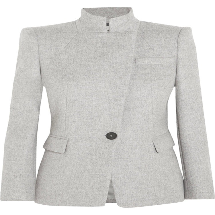 Damen Taillierter Wollmix‑Blazer mit Stehkragen, strukturierter Schulter und Pattentaschen Shop Nory