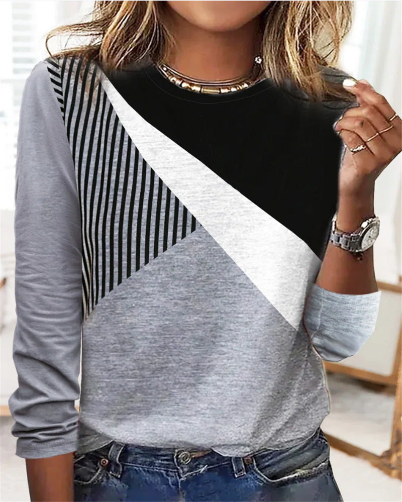 Damen Farbblock Langarmshirt mit schrägem Streifenmuster und Rundhalsausschnitt Shop Nory